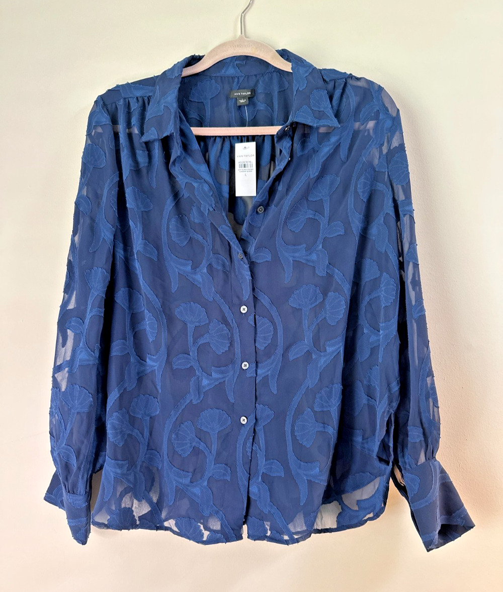 NWT Ann Taylor Womens Blue Floral Burnout Sheer Button Shirt Blouse Large